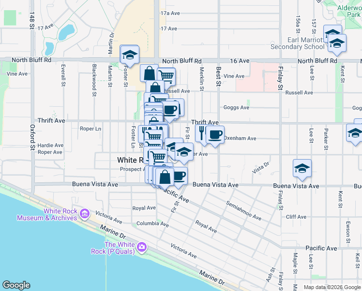map of restaurants, bars, coffee shops, grocery stores, and more near 1320 Fir Street in White Rock