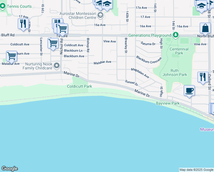map of restaurants, bars, coffee shops, grocery stores, and more near 14240 Marine Drive in White Rock