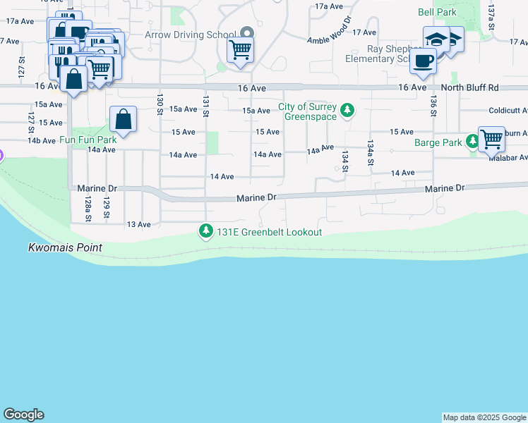 map of restaurants, bars, coffee shops, grocery stores, and more near 1320 132A Street in Surrey