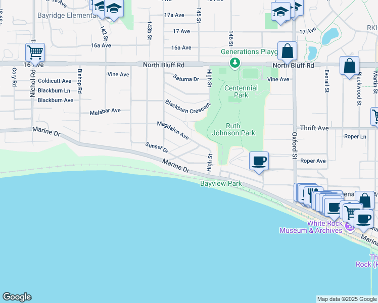 map of restaurants, bars, coffee shops, grocery stores, and more near 14480 Magdalen Crescent in White Rock