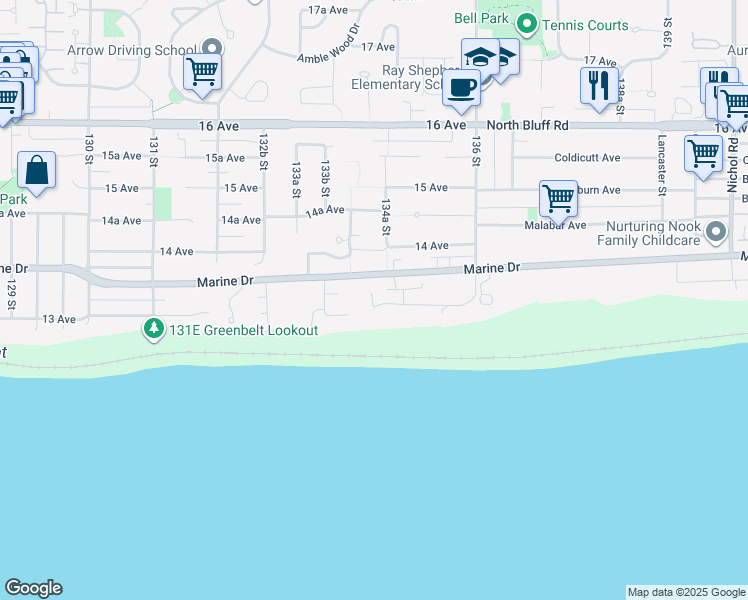 map of restaurants, bars, coffee shops, grocery stores, and more near 13451 13A Avenue in Surrey