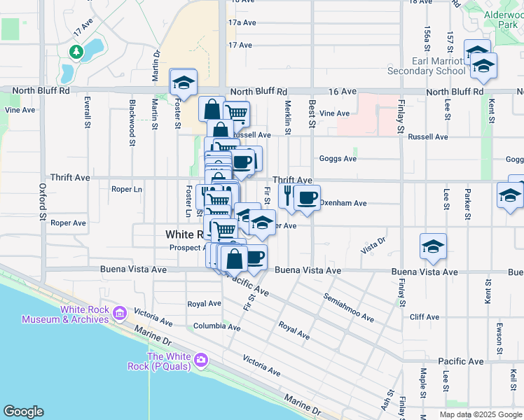 map of restaurants, bars, coffee shops, grocery stores, and more near in White Rock