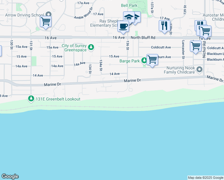 map of restaurants, bars, coffee shops, grocery stores, and more near in Surrey