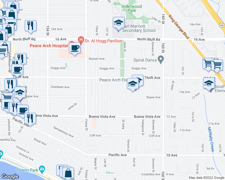 map of restaurants, bars, coffee shops, grocery stores, and more near 1341 Parker Street in White Rock