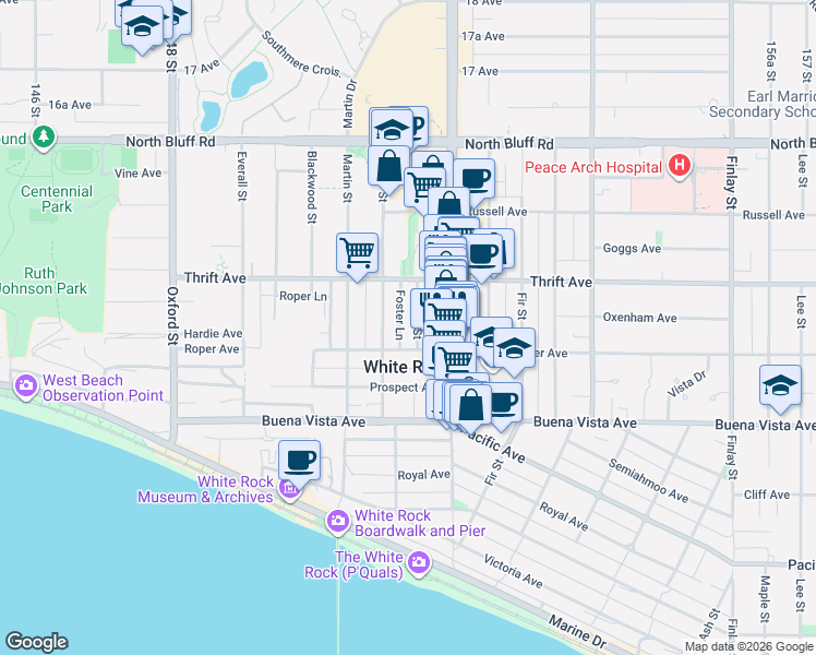 map of restaurants, bars, coffee shops, grocery stores, and more near in White Rock