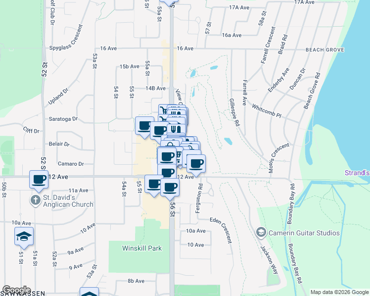 map of restaurants, bars, coffee shops, grocery stores, and more near 1269 Hunter Road in Delta
