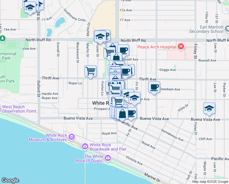 map of restaurants, bars, coffee shops, grocery stores, and more near 1335 Johnston Road in White Rock