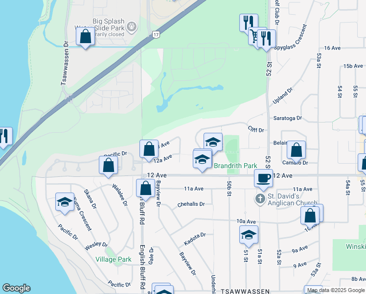 map of restaurants, bars, coffee shops, grocery stores, and more near 1274 49 Street in Delta