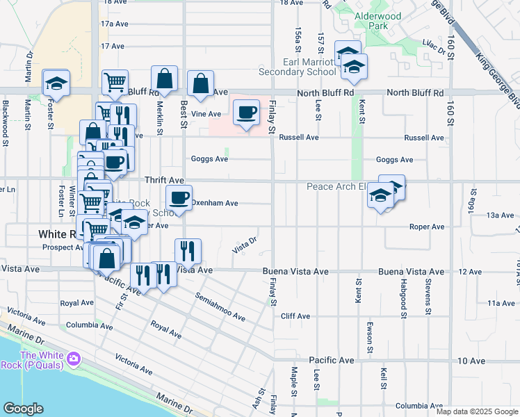 map of restaurants, bars, coffee shops, grocery stores, and more near 15570 Oxenham Avenue in White Rock