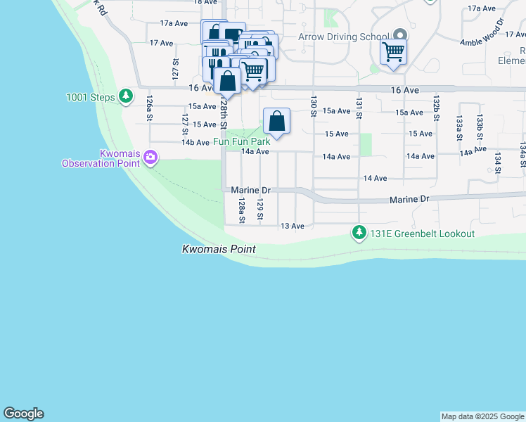 map of restaurants, bars, coffee shops, grocery stores, and more near 1326 129 Street in Surrey