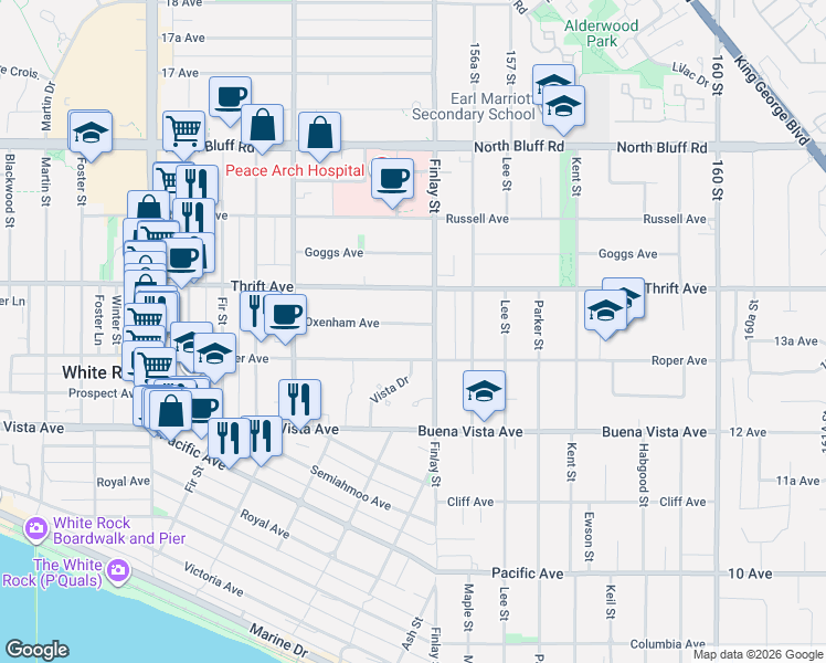 map of restaurants, bars, coffee shops, grocery stores, and more near 15572 Oxenham Avenue in White Rock