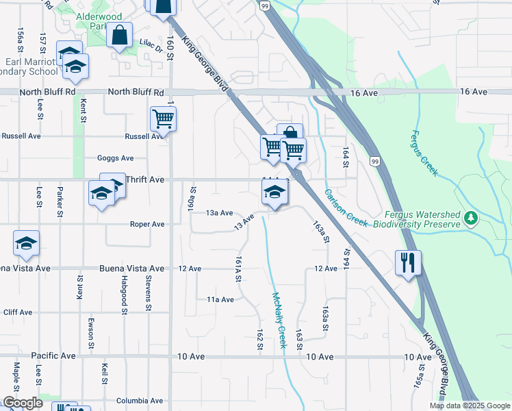 map of restaurants, bars, coffee shops, grocery stores, and more near 16199 13 Avenue in Surrey