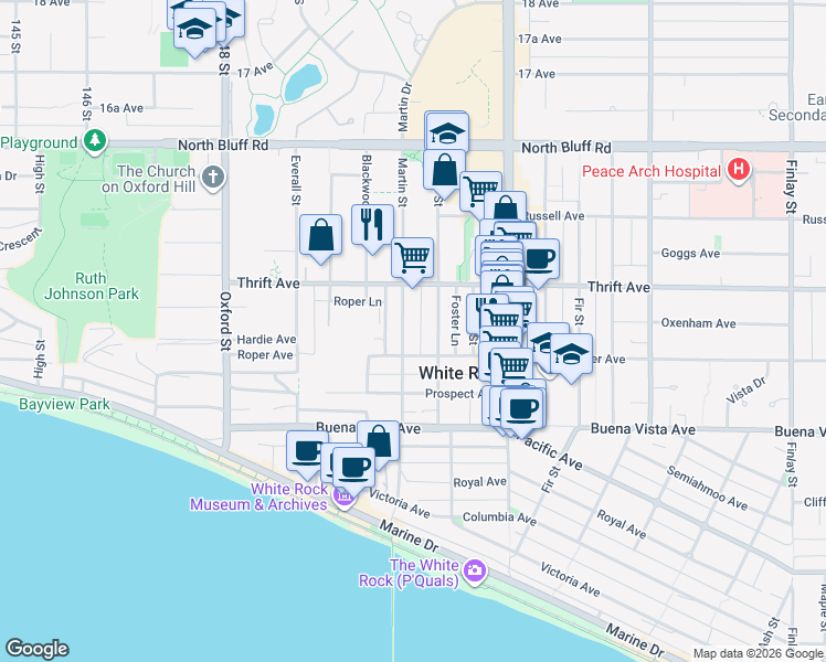 map of restaurants, bars, coffee shops, grocery stores, and more near in White Rock