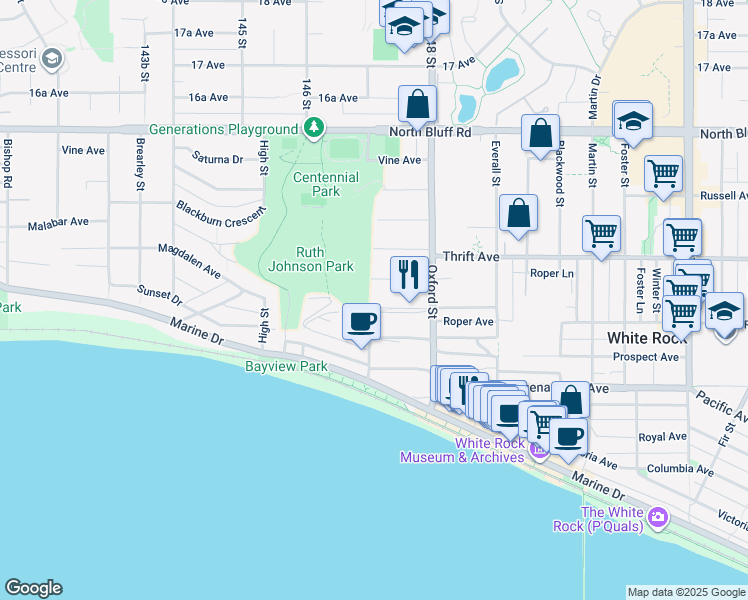 map of restaurants, bars, coffee shops, grocery stores, and more near 14742 Upper Roper Avenue in White Rock
