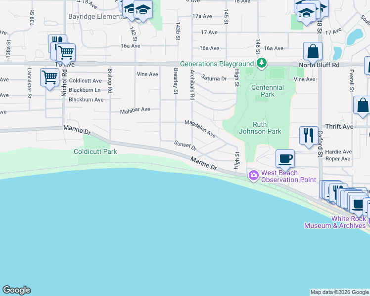 map of restaurants, bars, coffee shops, grocery stores, and more near 14380 Sunset Drive in White Rock