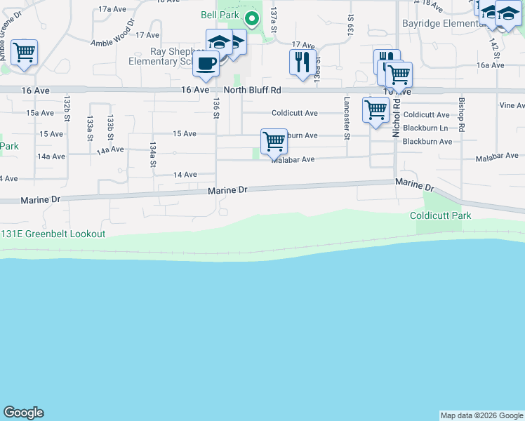 map of restaurants, bars, coffee shops, grocery stores, and more near 13706 Marine Drive in White Rock