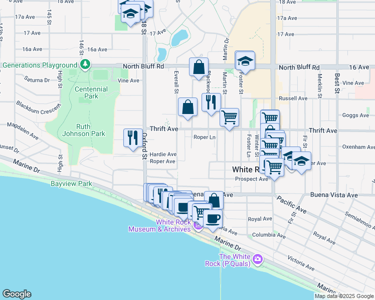 map of restaurants, bars, coffee shops, grocery stores, and more near 1351 Vidal Street in White Rock