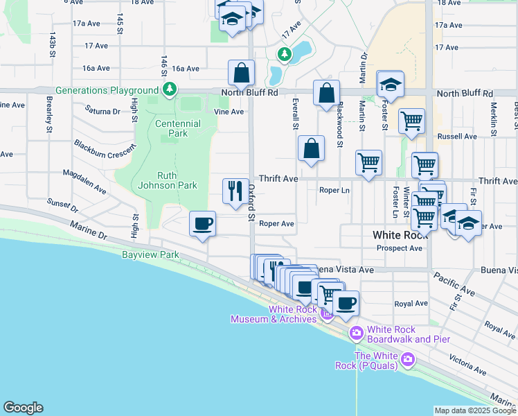 map of restaurants, bars, coffee shops, grocery stores, and more near 14815 Hardie Avenue in White Rock