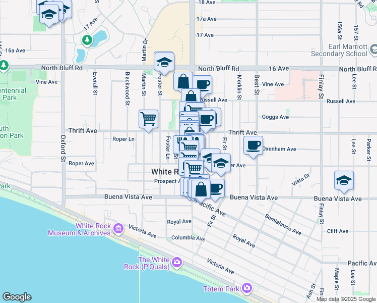 map of restaurants, bars, coffee shops, grocery stores, and more near in White Rock