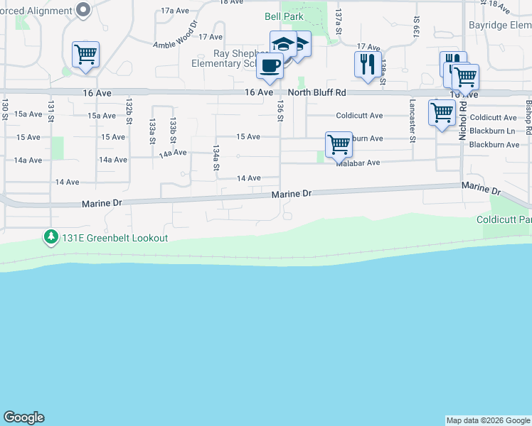 map of restaurants, bars, coffee shops, grocery stores, and more near 13567 13A Avenue in Surrey