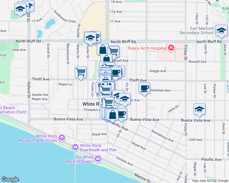 map of restaurants, bars, coffee shops, grocery stores, and more near 1341 George Street in White Rock