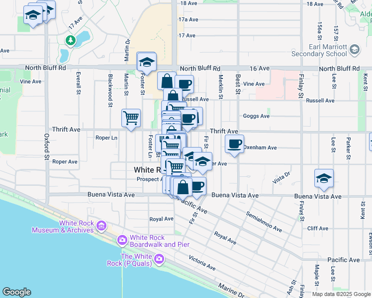 map of restaurants, bars, coffee shops, grocery stores, and more near 1326 Johnston Road in White Rock
