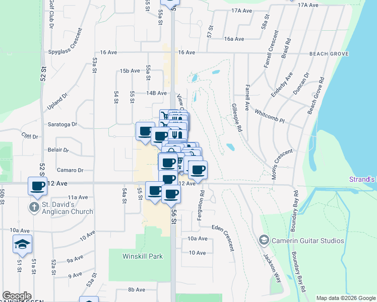 map of restaurants, bars, coffee shops, grocery stores, and more near 1269 Hunter Road in Delta