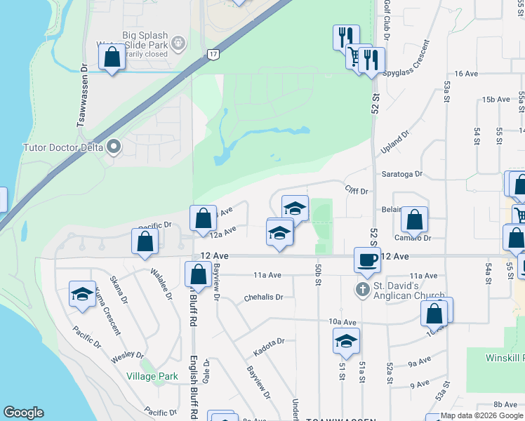 map of restaurants, bars, coffee shops, grocery stores, and more near 4943 Cliff Drive in Delta