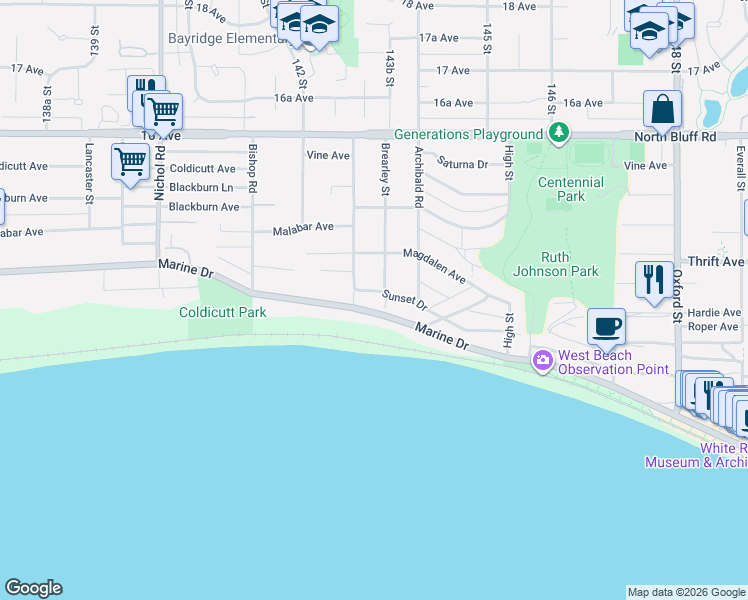 map of restaurants, bars, coffee shops, grocery stores, and more near 14334 Sunset Drive in White Rock