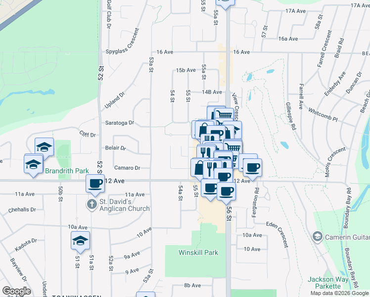 map of restaurants, bars, coffee shops, grocery stores, and more near 1304 Malibu Place in Delta