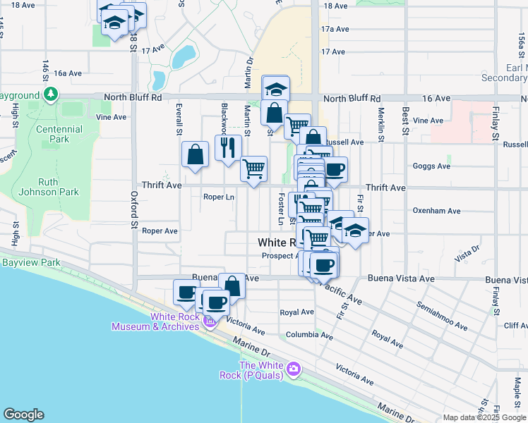map of restaurants, bars, coffee shops, grocery stores, and more near 1341 Foster Street in White Rock
