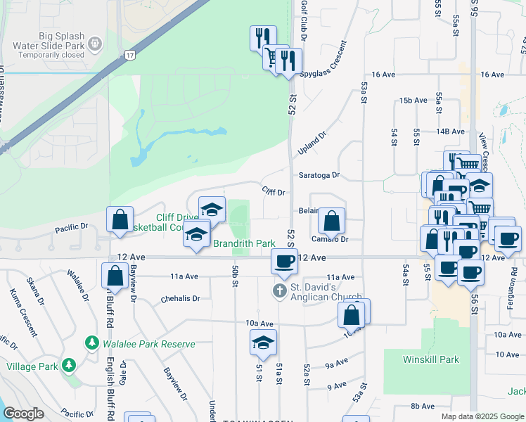 map of restaurants, bars, coffee shops, grocery stores, and more near 5183 Winskill Drive in Delta