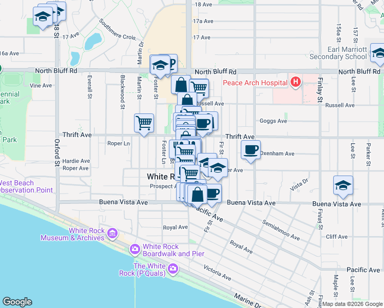 map of restaurants, bars, coffee shops, grocery stores, and more near 1342 Johnston Road in White Rock