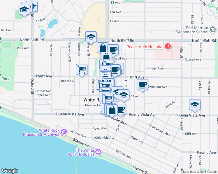 map of restaurants, bars, coffee shops, grocery stores, and more near 1342 Johnston Road in White Rock