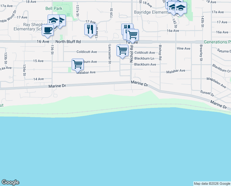 map of restaurants, bars, coffee shops, grocery stores, and more near 13910 Terry Road in White Rock