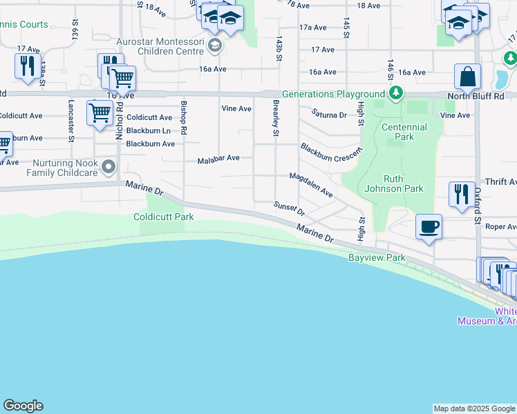 map of restaurants, bars, coffee shops, grocery stores, and more near 14310 Sunset Drive in White Rock