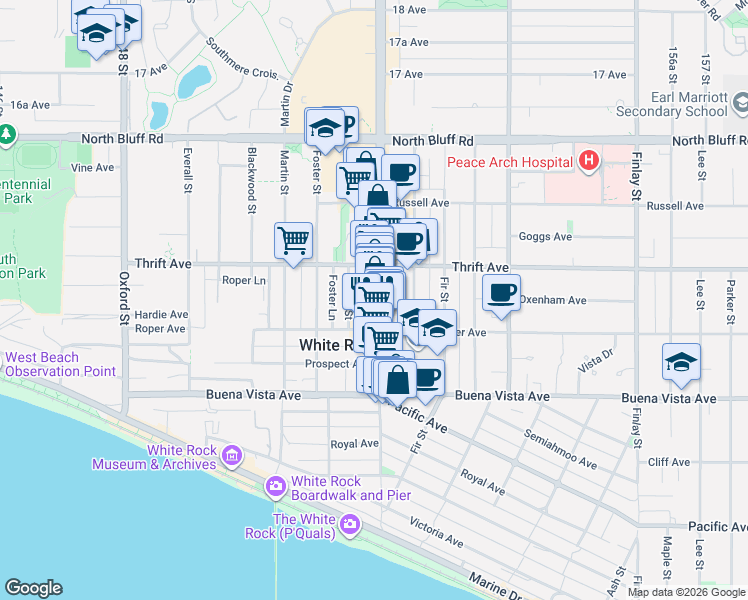 map of restaurants, bars, coffee shops, grocery stores, and more near 1347 Johnston Road in White Rock