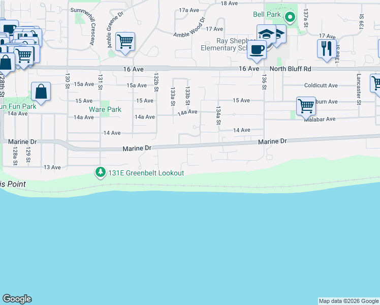 map of restaurants, bars, coffee shops, grocery stores, and more near in Surrey