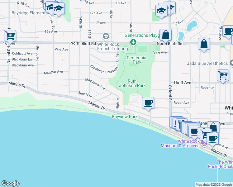 map of restaurants, bars, coffee shops, grocery stores, and more near 14533 Magdalen Avenue in White Rock