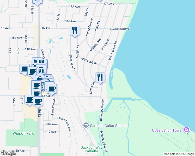 map of restaurants, bars, coffee shops, grocery stores, and more near 1293 Beach Grove Road in Delta