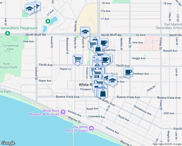 map of restaurants, bars, coffee shops, grocery stores, and more near Winter Street in White Rock