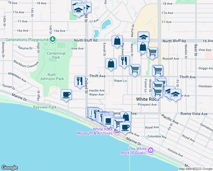 map of restaurants, bars, coffee shops, grocery stores, and more near 1350 Everall Street in White Rock