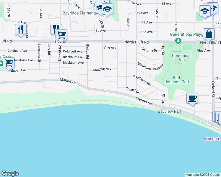 map of restaurants, bars, coffee shops, grocery stores, and more near 14265 Marine Drive in White Rock