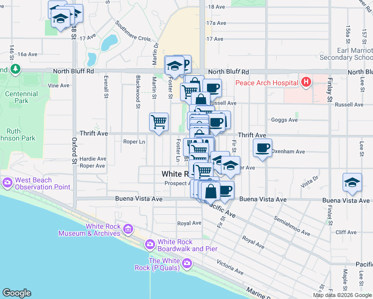 map of restaurants, bars, coffee shops, grocery stores, and more near Winter Street in White Rock