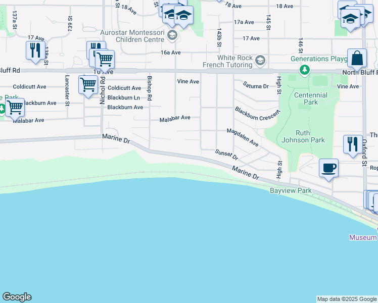 map of restaurants, bars, coffee shops, grocery stores, and more near 14240 Marine Drive in White Rock