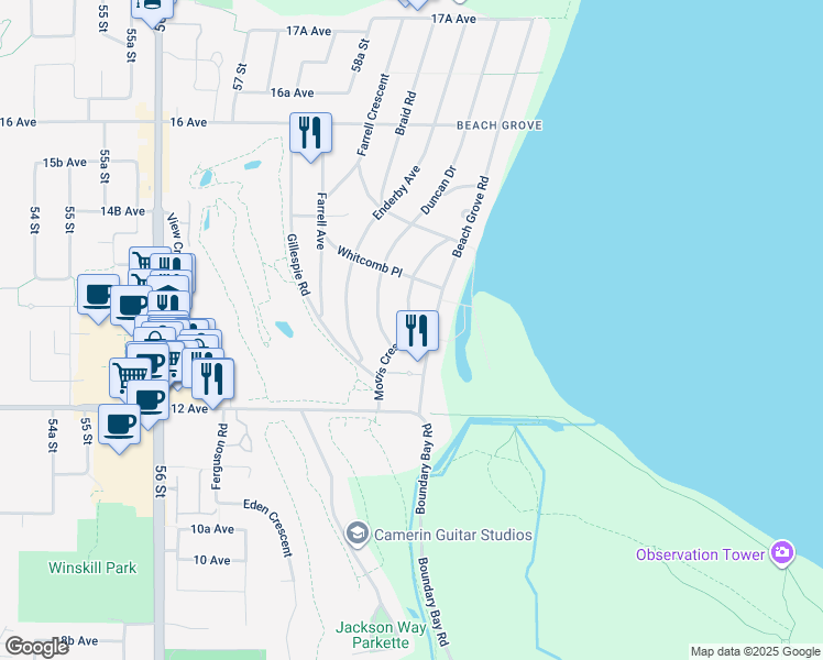 map of restaurants, bars, coffee shops, grocery stores, and more near 1293 Beach Grove Road in Delta