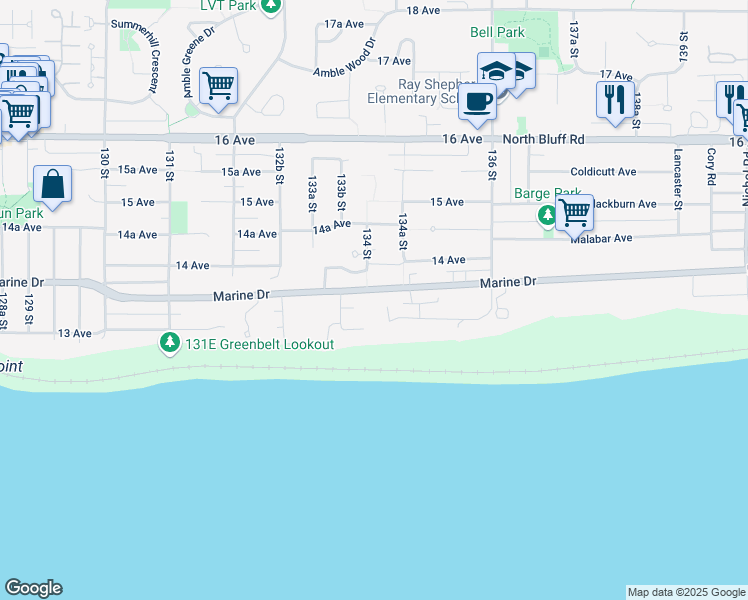 map of restaurants, bars, coffee shops, grocery stores, and more near 13416 Marine Drive in Surrey