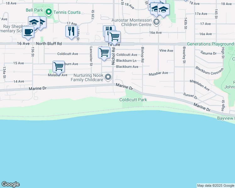 map of restaurants, bars, coffee shops, grocery stores, and more near 14020 Terry Road in White Rock