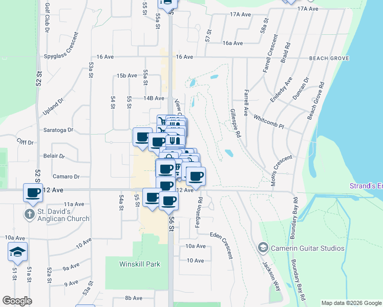map of restaurants, bars, coffee shops, grocery stores, and more near 1269 Hunter Road in Delta