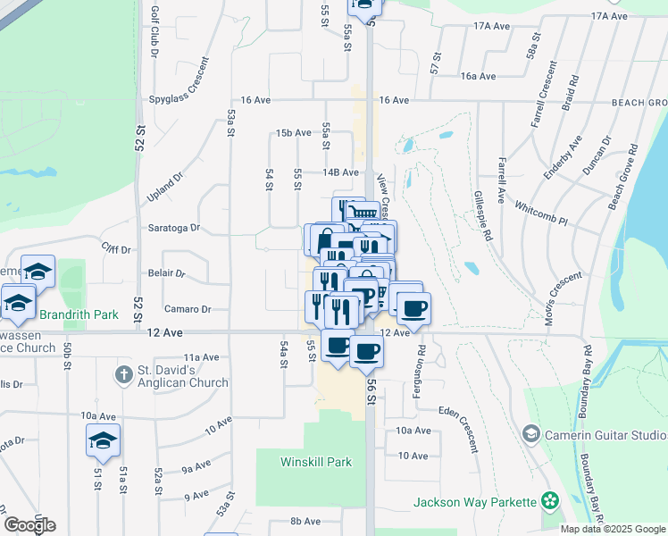 map of restaurants, bars, coffee shops, grocery stores, and more near 1315 56 Street in Delta